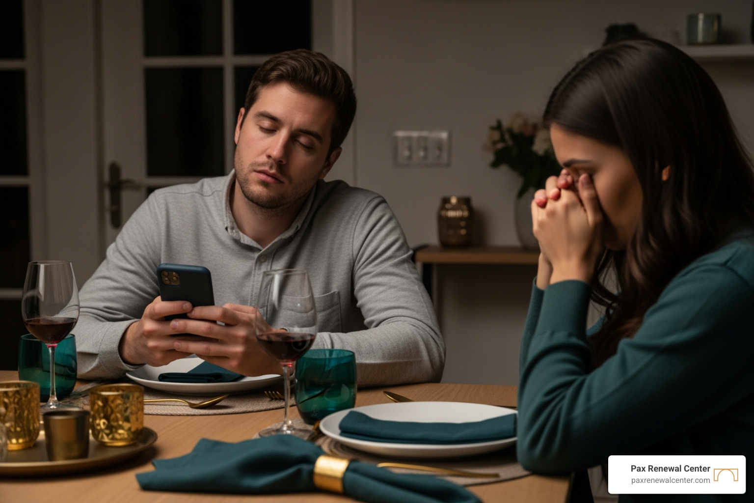 A partner zoning out and looking at their phone during a dinner conversation while the other looks away